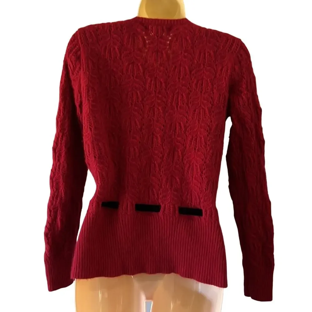 Sarah Spencer M Red Knit Cardigan Sweater with Black Velvet Ribbon and Buttons